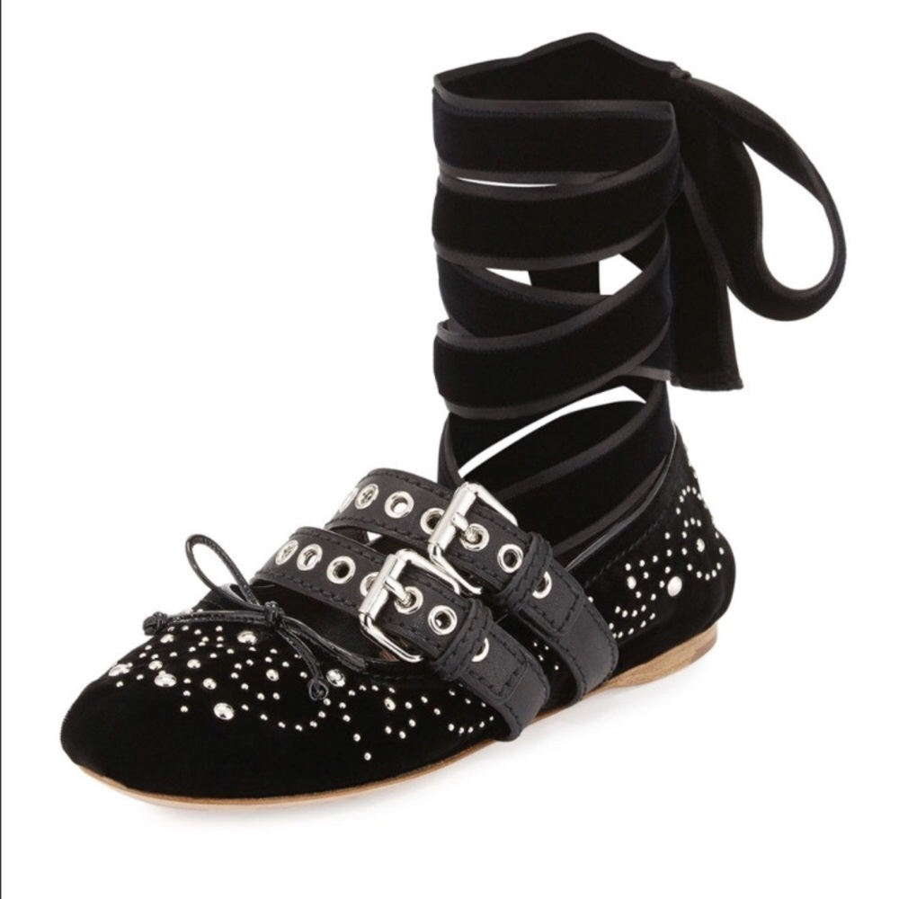 Miu miu lace up ballerina flats in black studded!